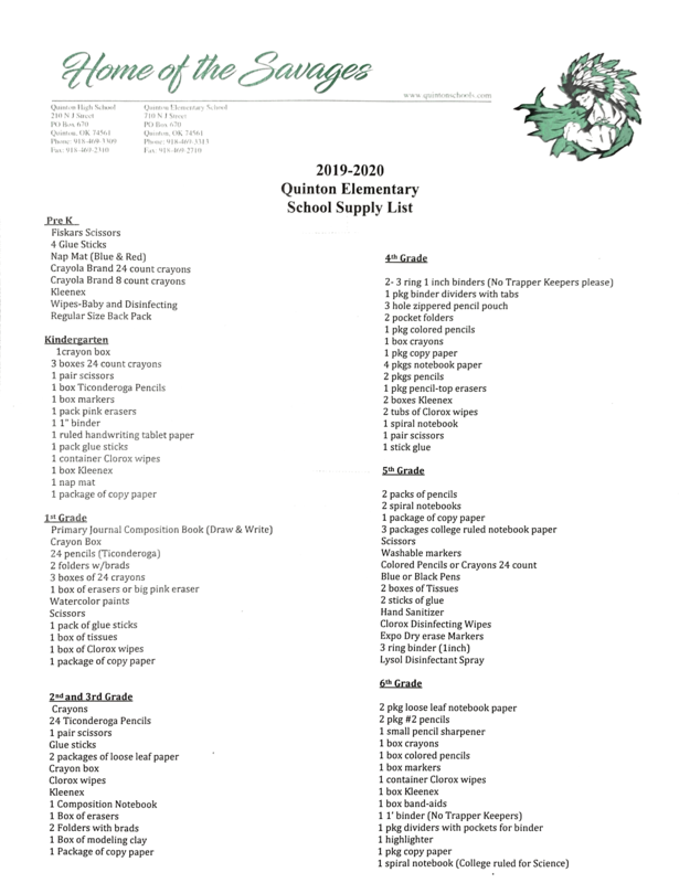 Fifth Grade Supply List - Oakview Elementary